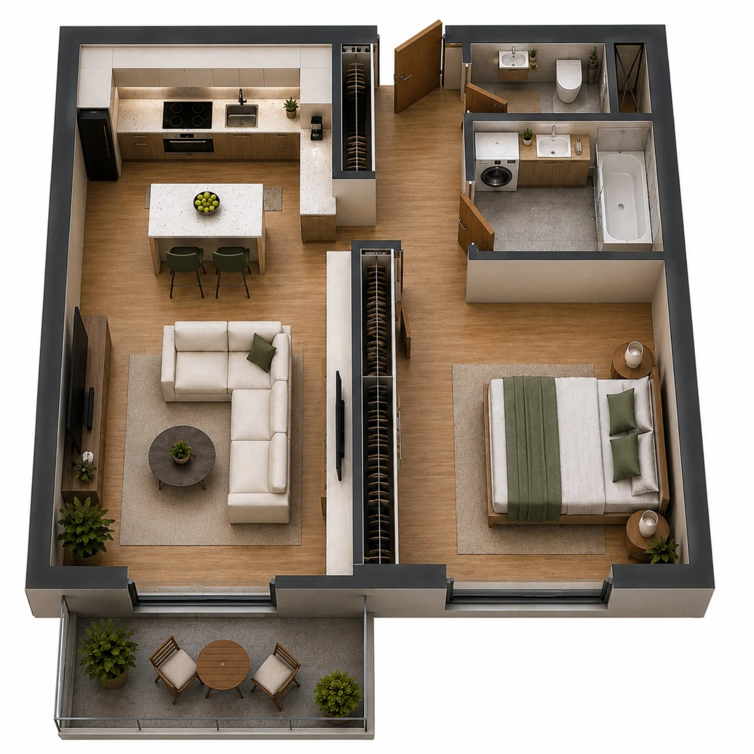 Grundriss einer Wohnung mit Küche, Bad, Schlafzimmer, Wohnzimmer, Flur und Balkon, inklusive Maßen und Türen.