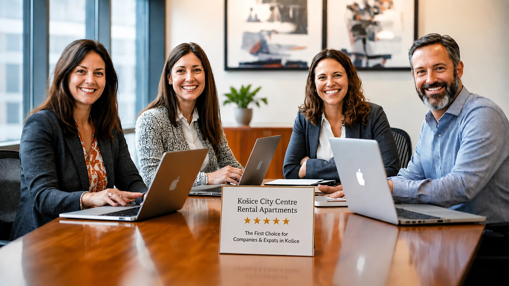 Four professionals smiling around a conference table, using laptops in a bright office meeting.