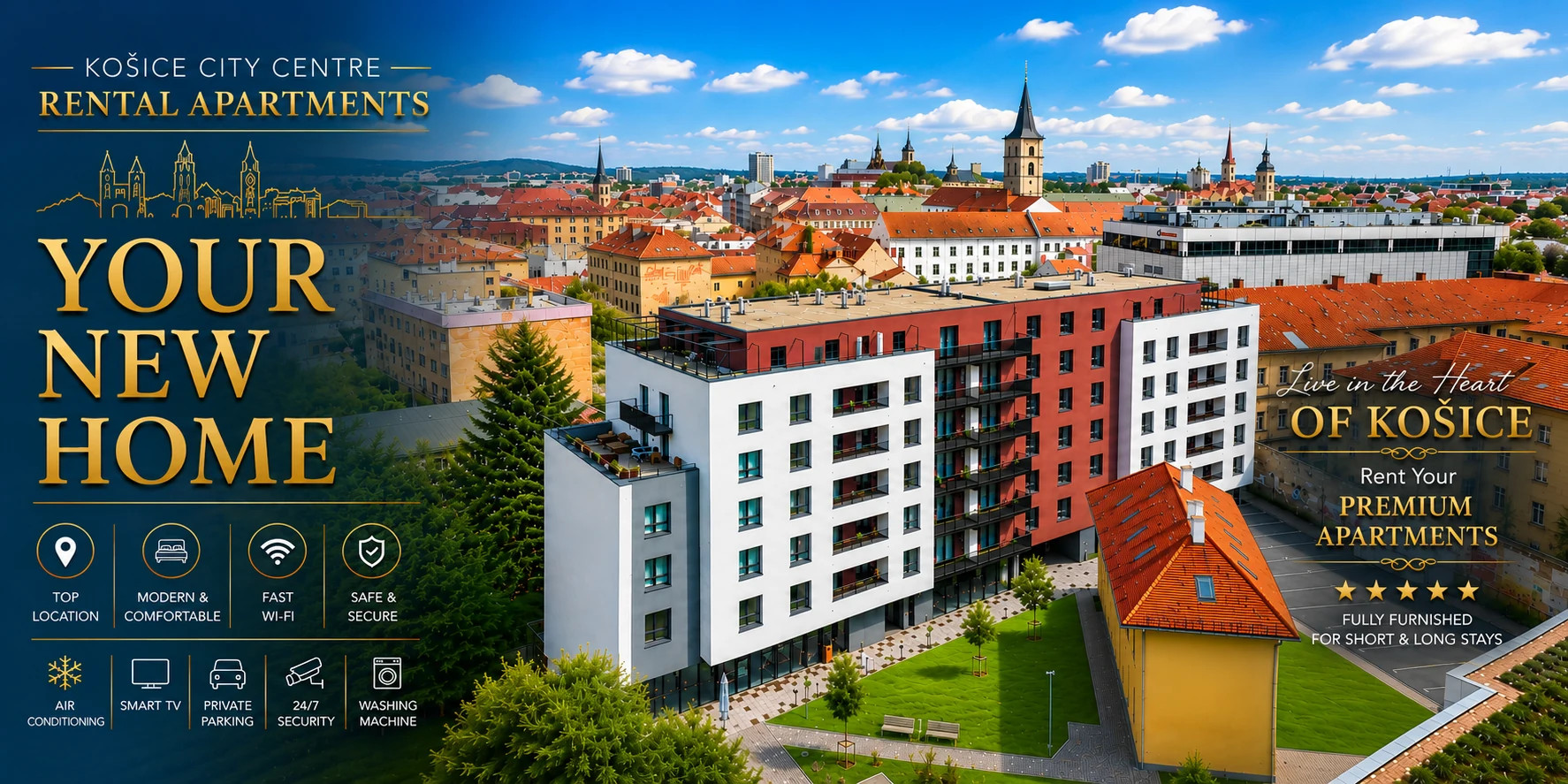 Letecký pohľad na modernú budovu apartmánov v Košiciach s mestskou panorámou a červenými strechami.