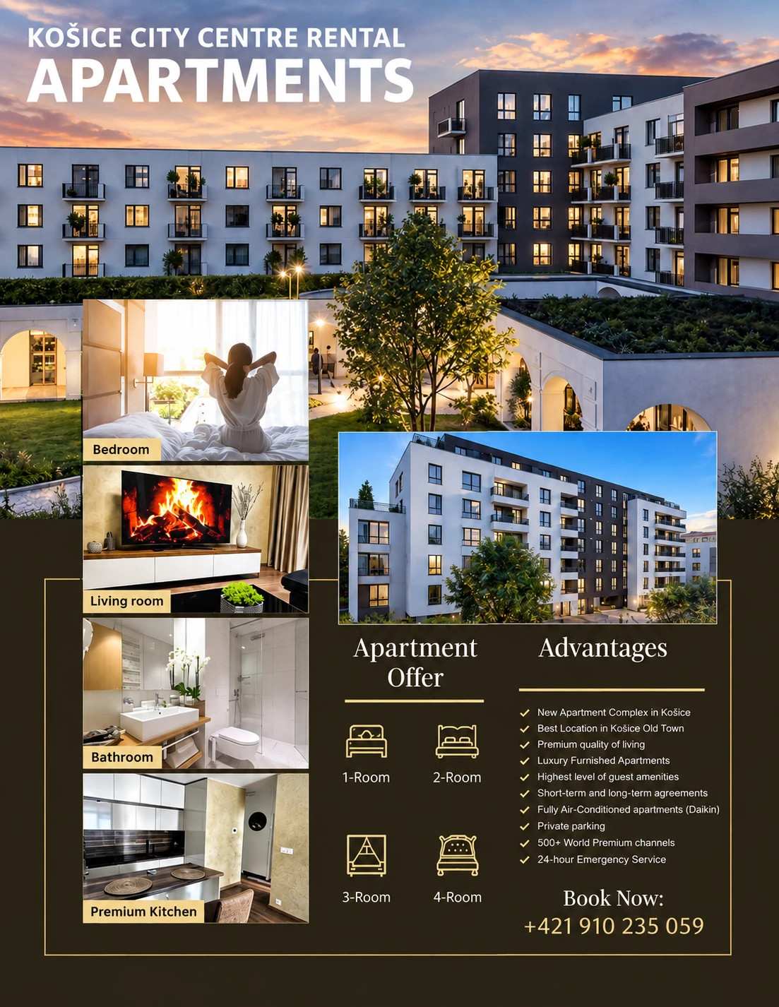 Moderný bytový dom v Košiciach s kolážou interiérov a textom o prenájme apartmánov.